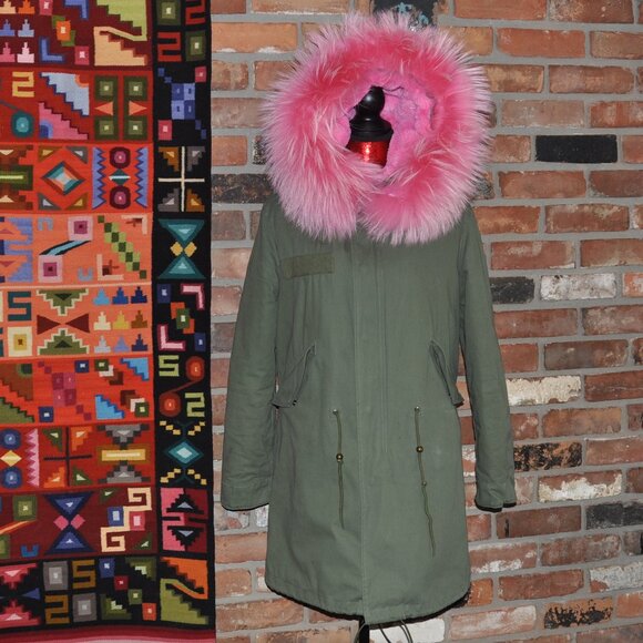 Green Parka Pink Raccoon Fur Trim, Faux Fur Lining M - Picture 11 of 14